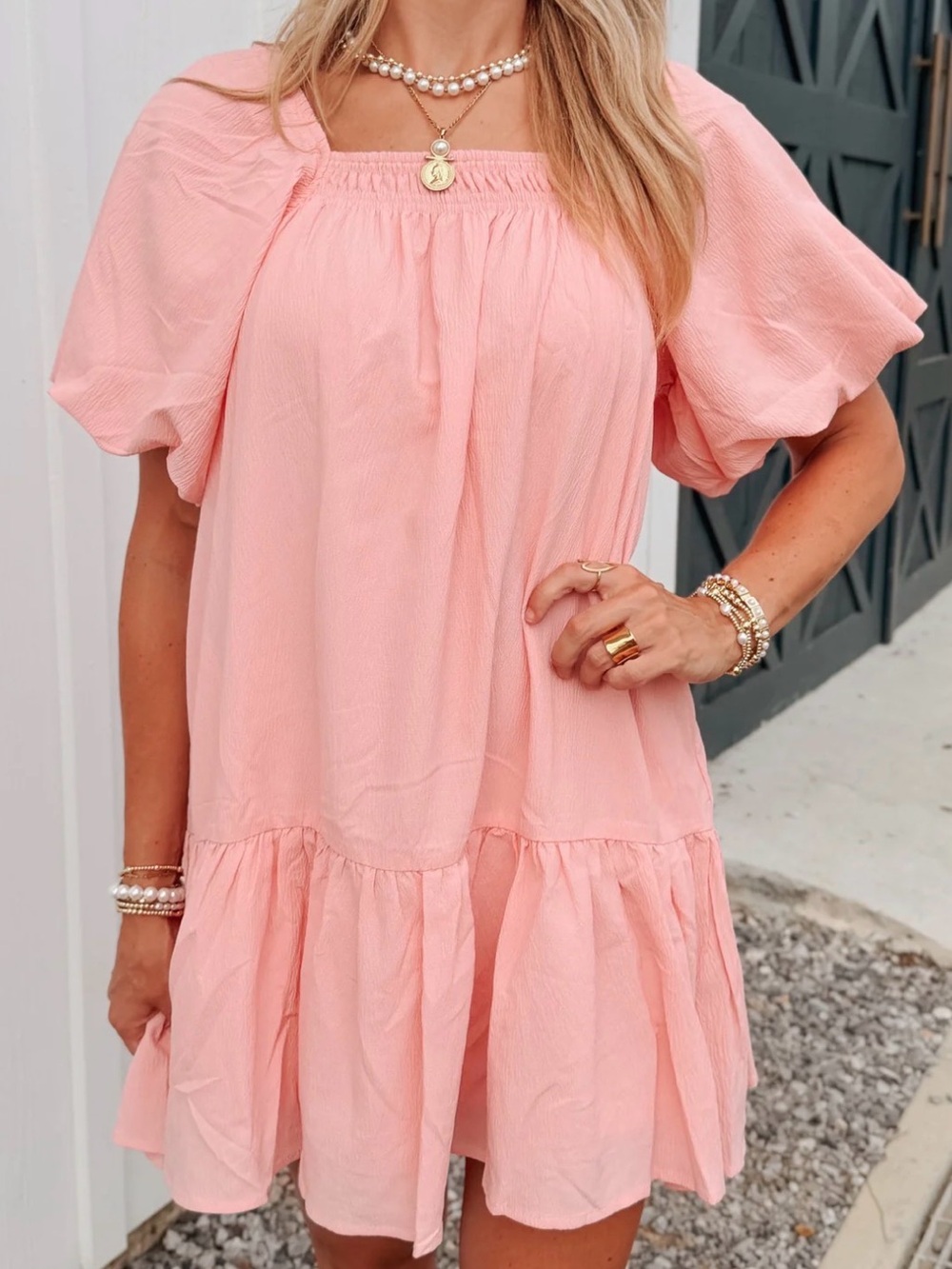 entro Blush Pink Square-Neck Puff Sleeve Mini Dress